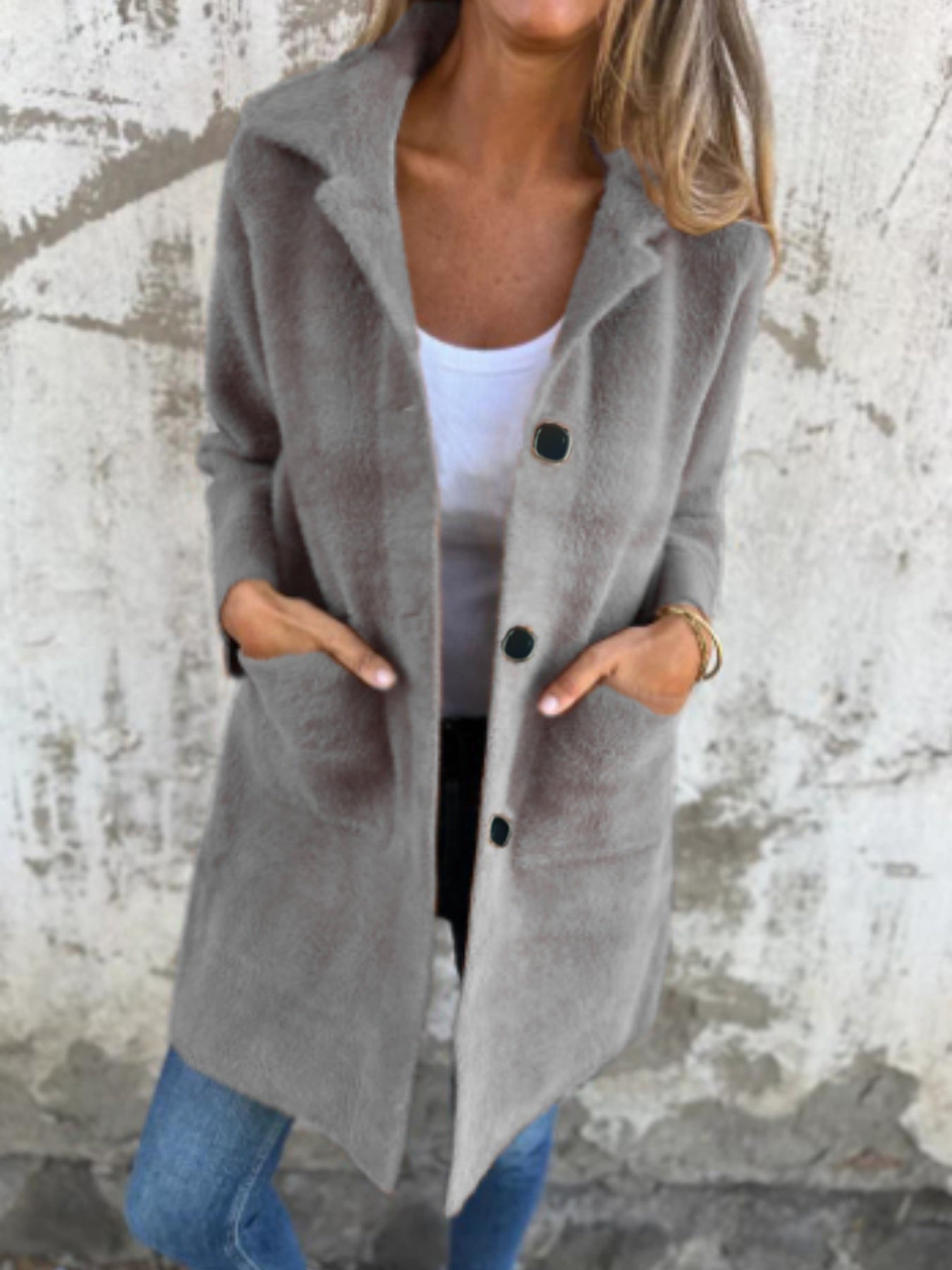 Women's Long Button-Front Coat with Pockets