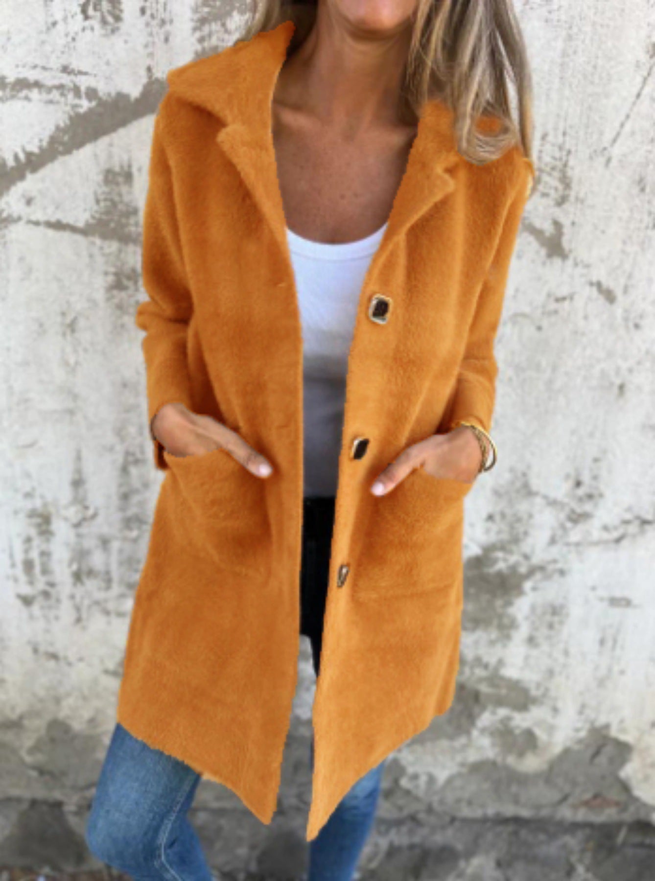 Women's Long Button-Front Coat with Pockets