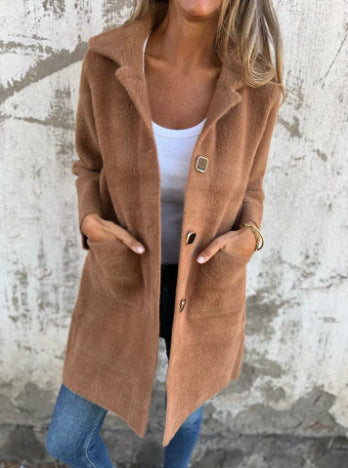 Women's Long Button-Front Coat with Pockets